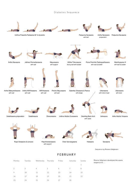 Yoga sequence chart for diabetes with corresponding calendar layout for February.