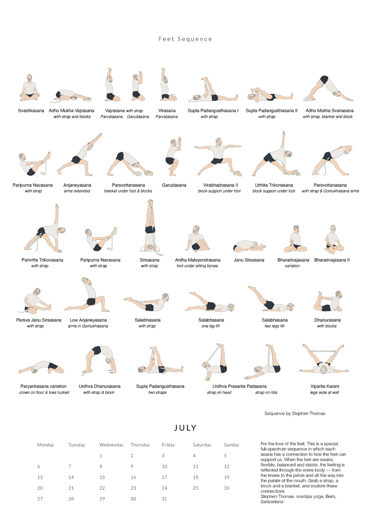 Yoga sequence chart for feet sequence with corresponding calendar layout for July.