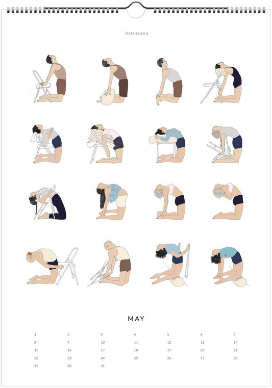 Calendar page for May showing illustrations of various yoga poses.