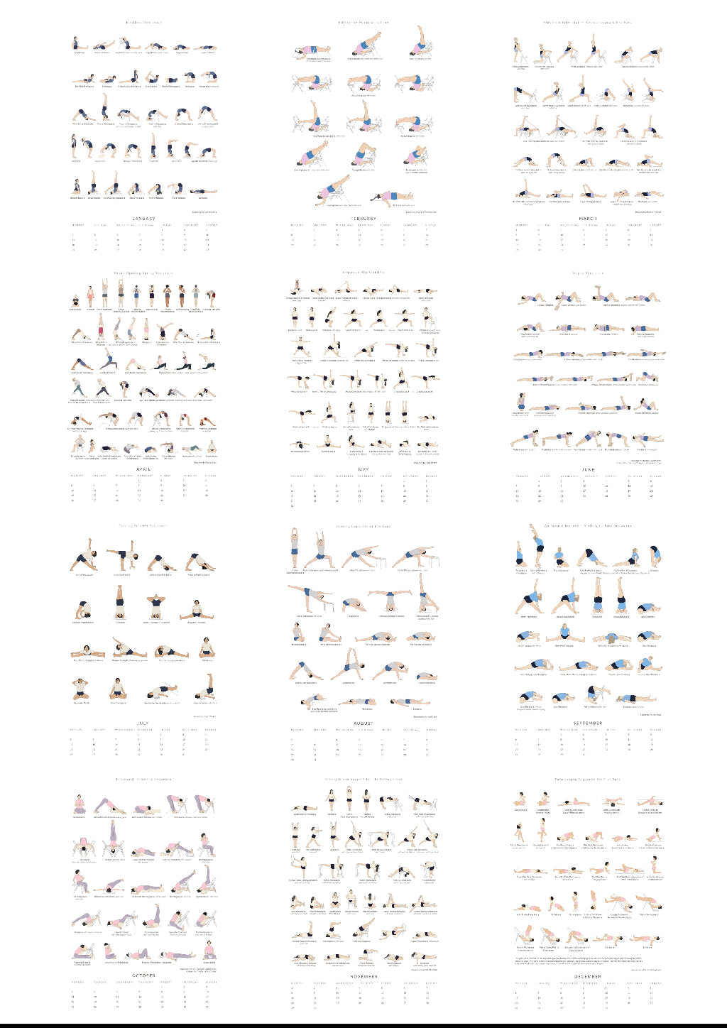 Yoga 2027 calendar overview with illustrations of various yoga poses on a white background.
