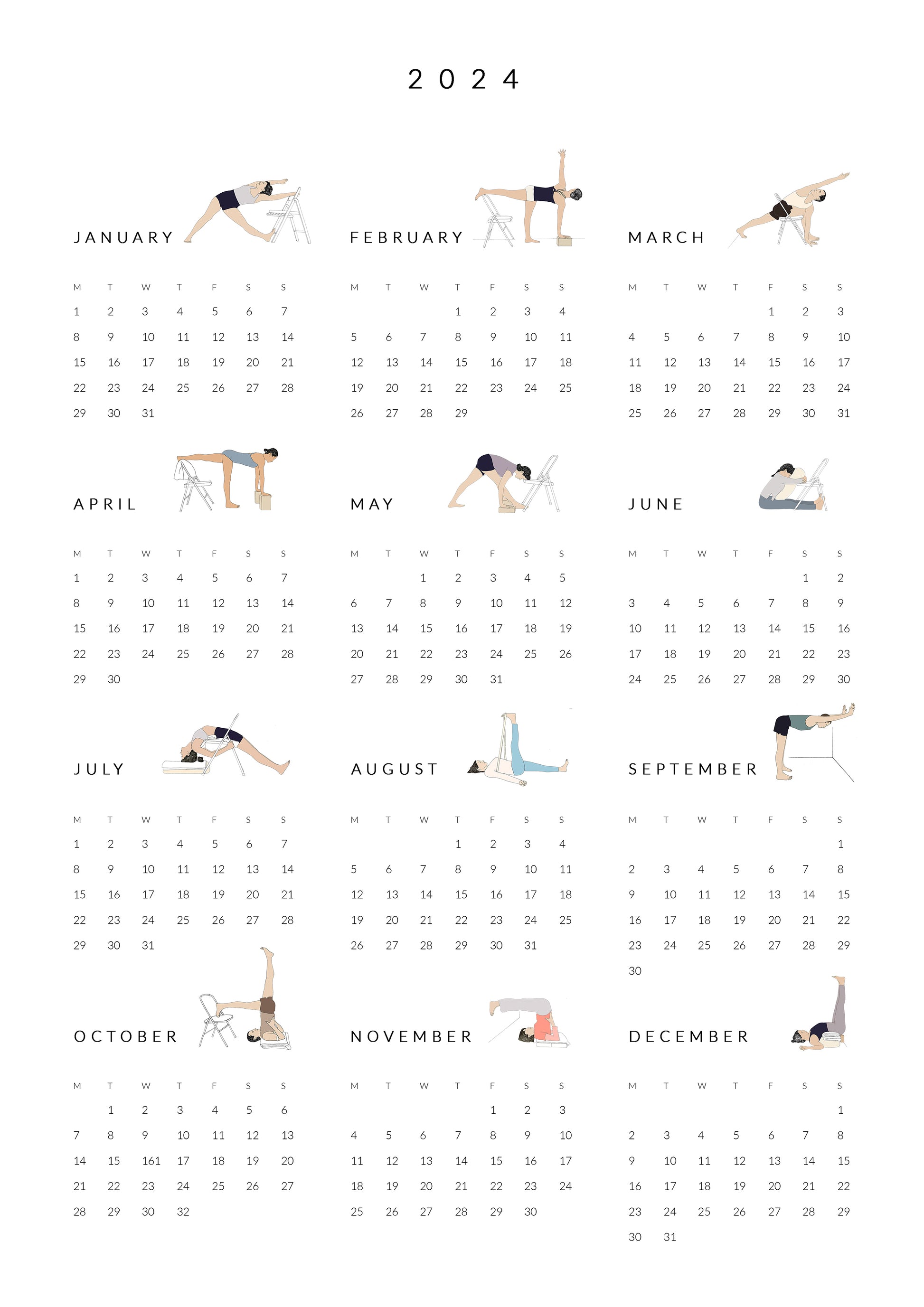 Svejar - Digital One Page Calendar 2024 – Svejar Yoga Illustrations