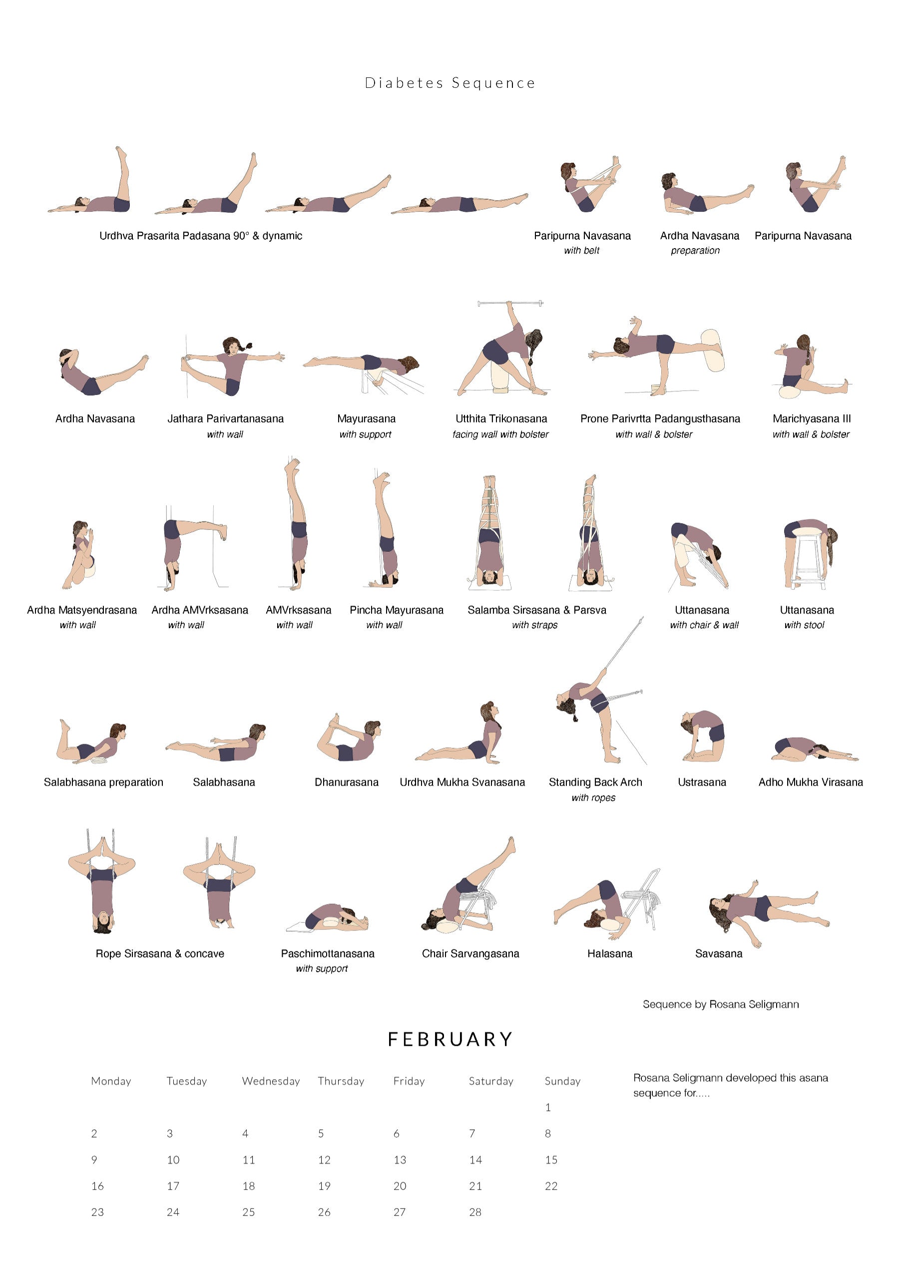 Yoga sequence chart for diabetes with corresponding calendar layout for February.