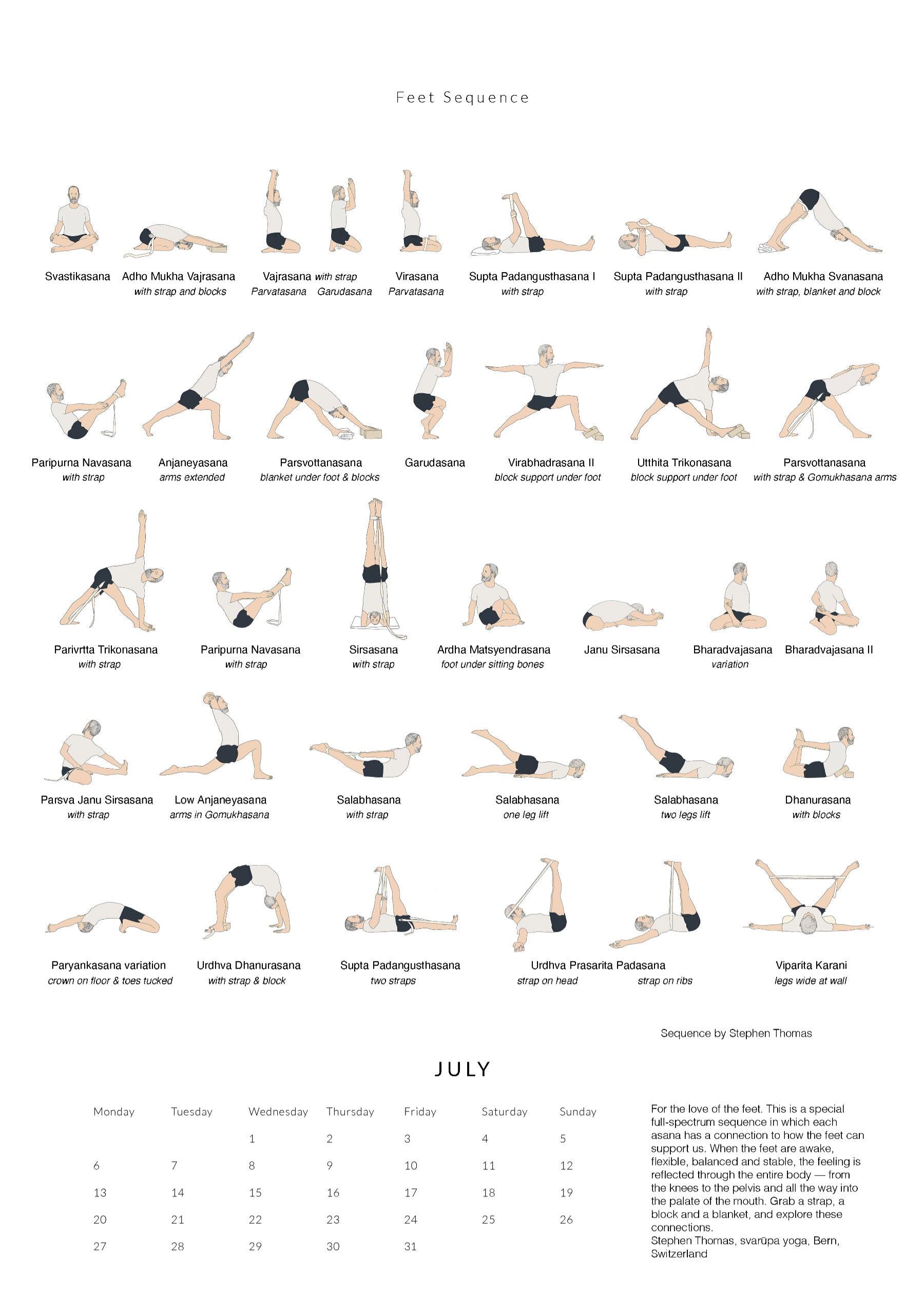 Yoga sequence chart for feet sequence with corresponding calendar layout for July.