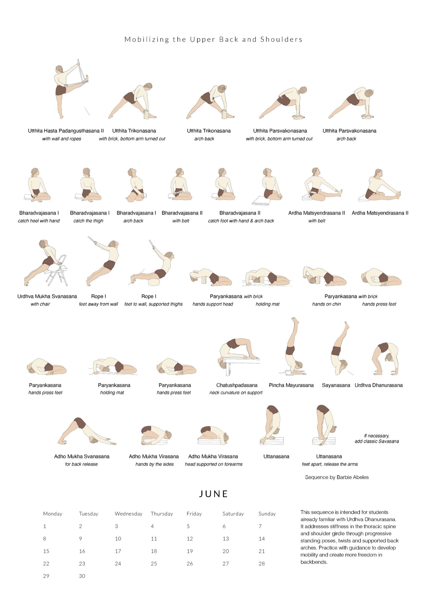 Yoga sequence chart for for upper back and shoulders with corresponding calendar layout for June.