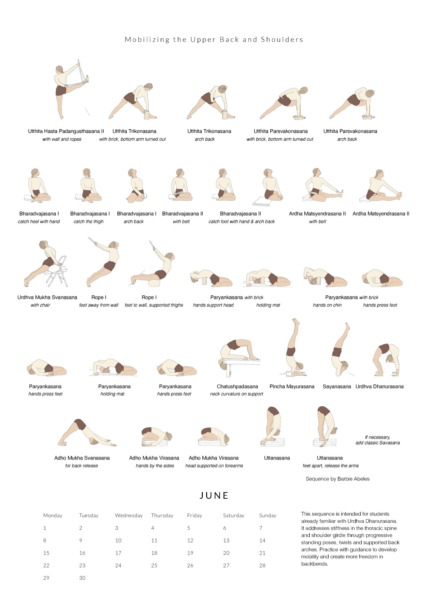 Yoga sequence chart for for upper back and shoulders with corresponding calendar layout for June.