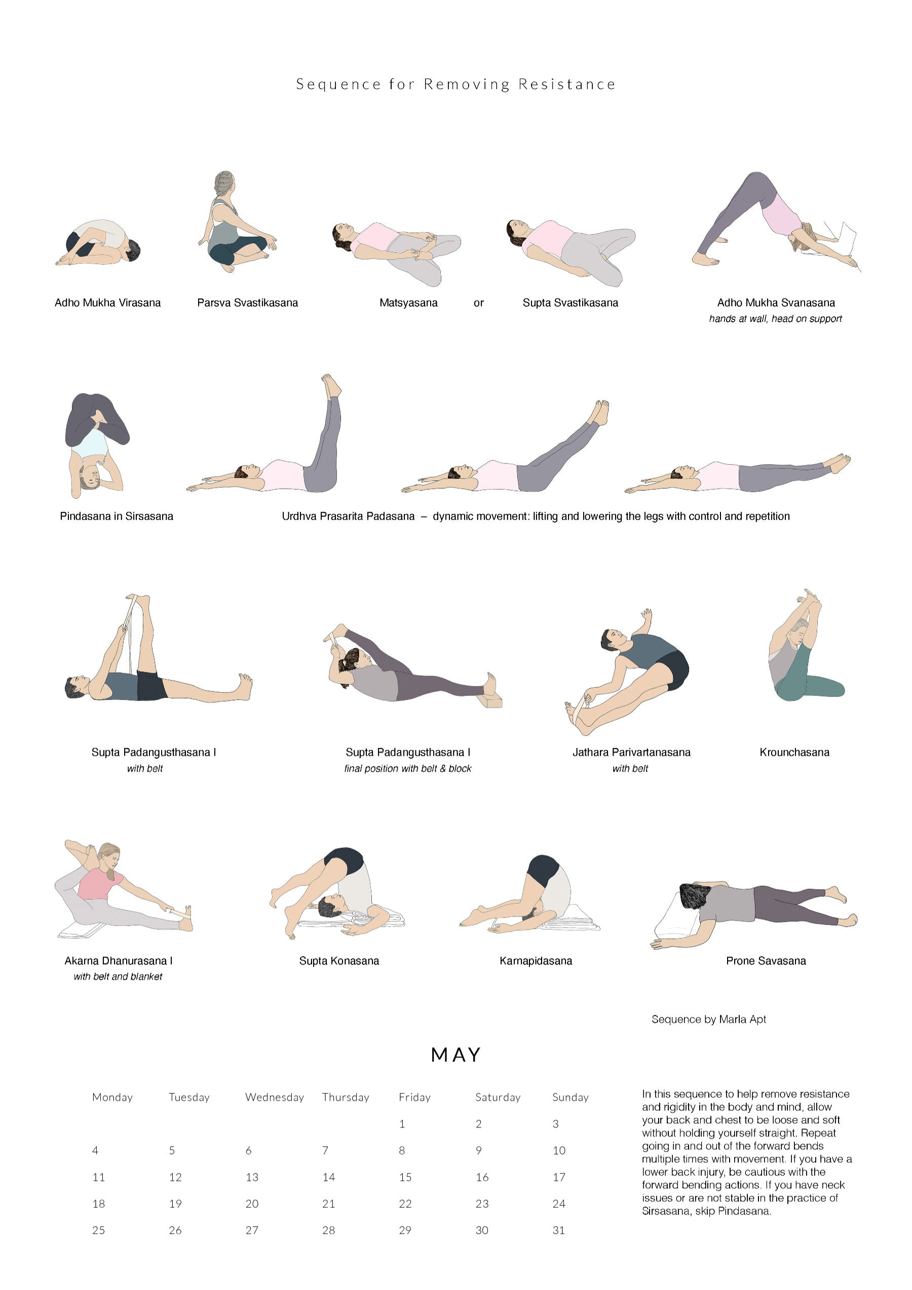 Yoga sequence chart for for removing resistance with corresponding calendar layout for May.