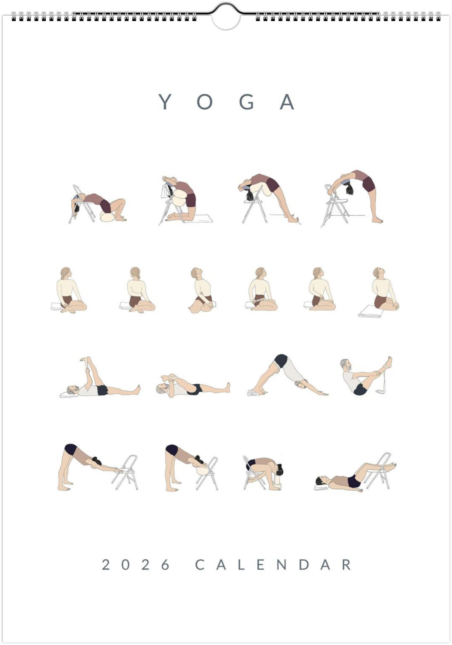 Yoga 2026 calendar with illustrations of various yoga poses on a white background.