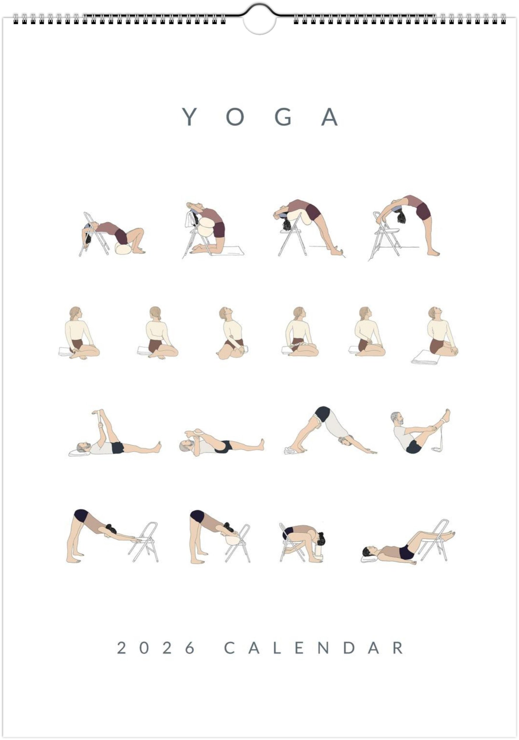 Yoga 2026 calendar with illustrations of various yoga poses on a white background.