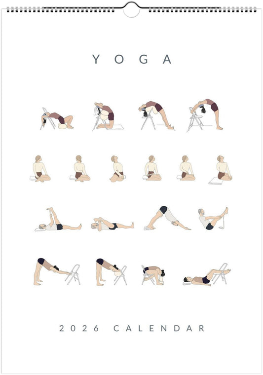 Yoga 2026 calendar with illustrations of various yoga poses on a white background.