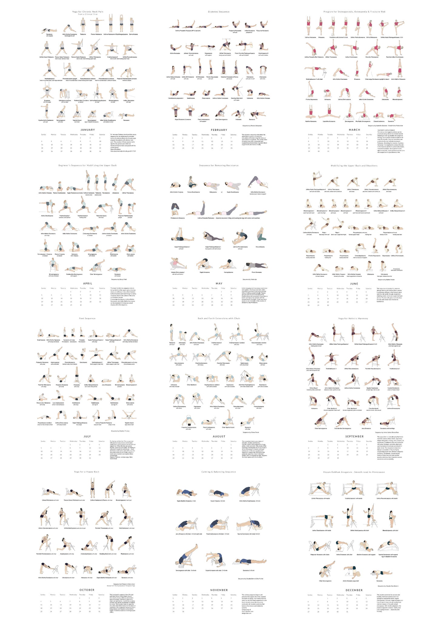 Yoga 2026 calendar overview with illustrations of various yoga poses on a white background.