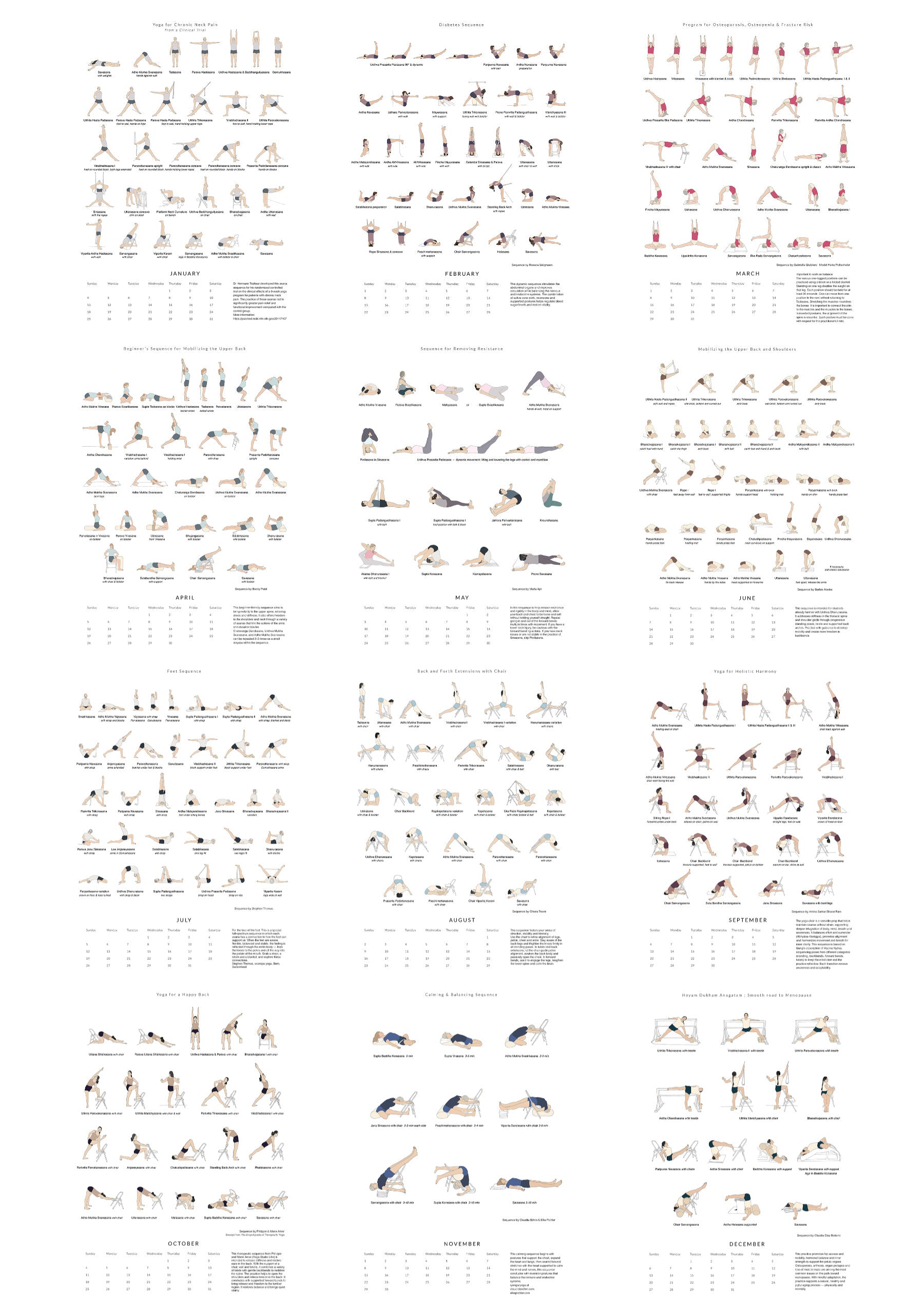 Yoga 2026 calendar overview with illustrations of various yoga poses on a white background.