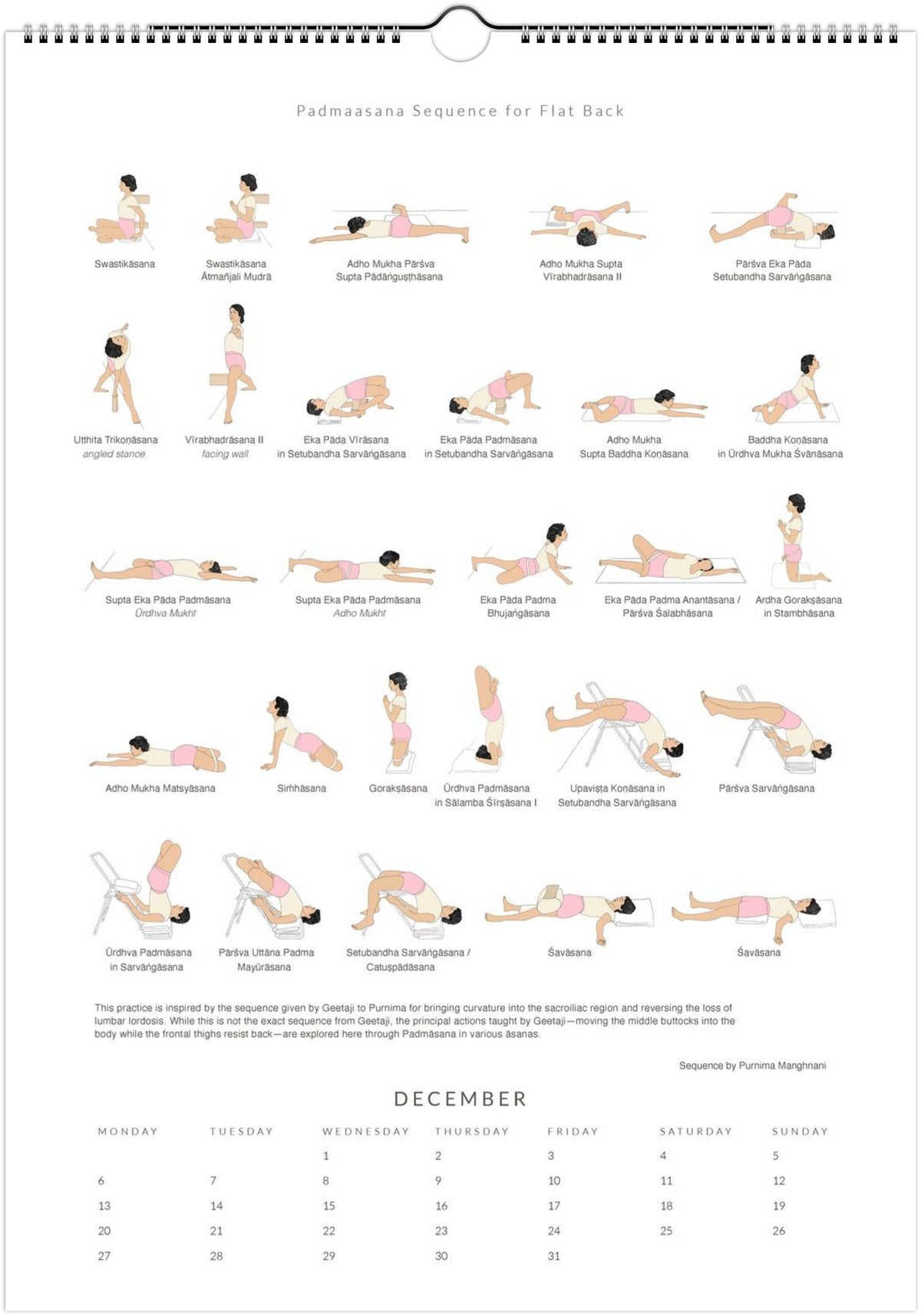 Yoga sequence chart for diabetes with corresponding calendar layout for December.