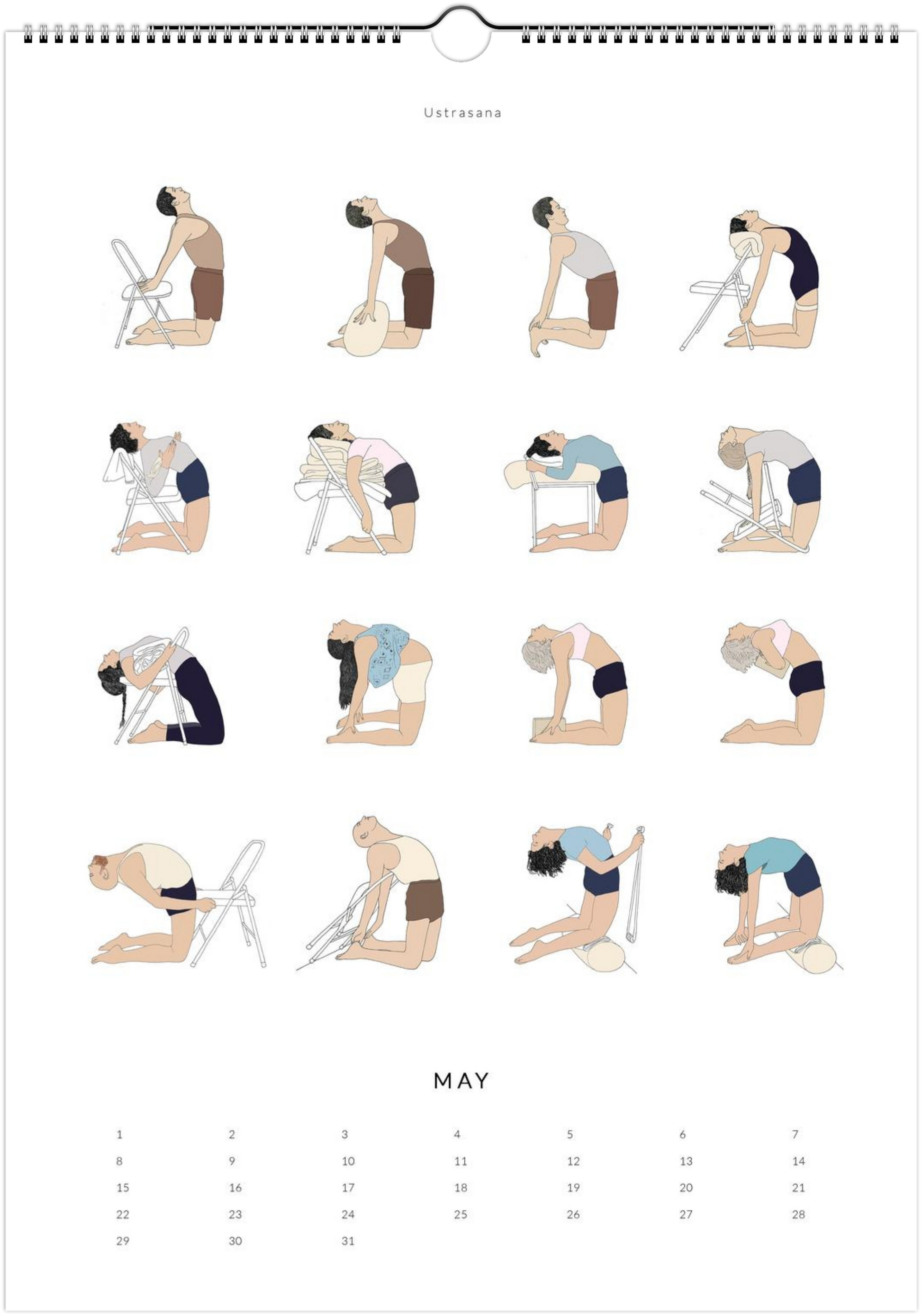 Calendar page for May showing illustrations of various yoga poses.