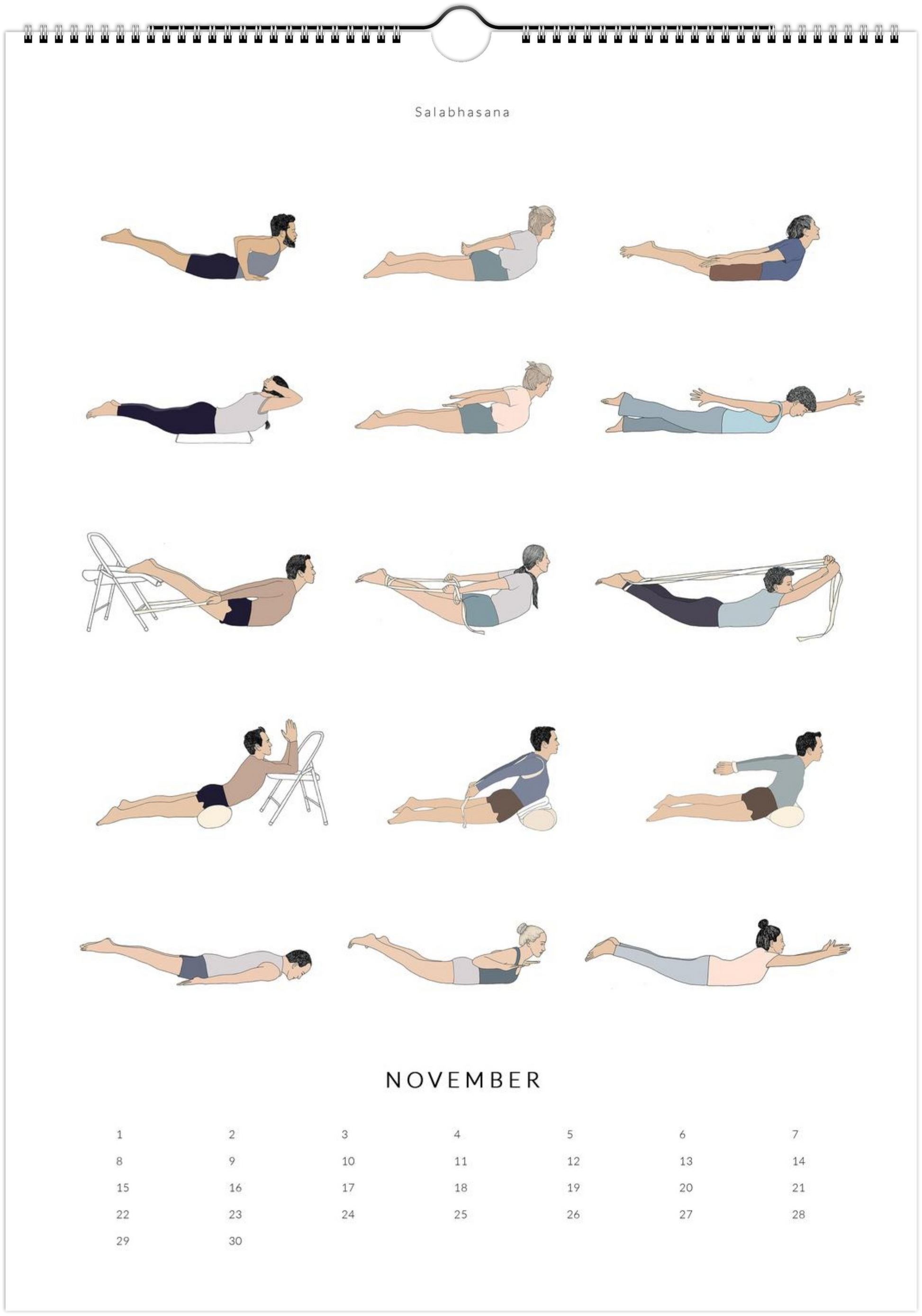 Calendar page for November showing illustrations of various yoga poses.