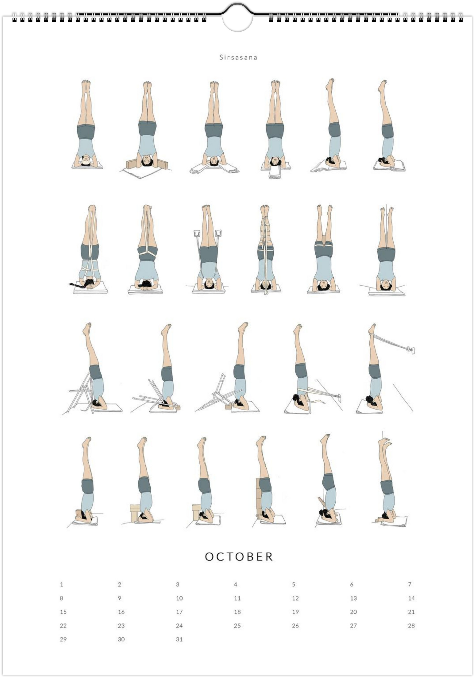 Calendar page for October showing illustrations of various yoga poses.