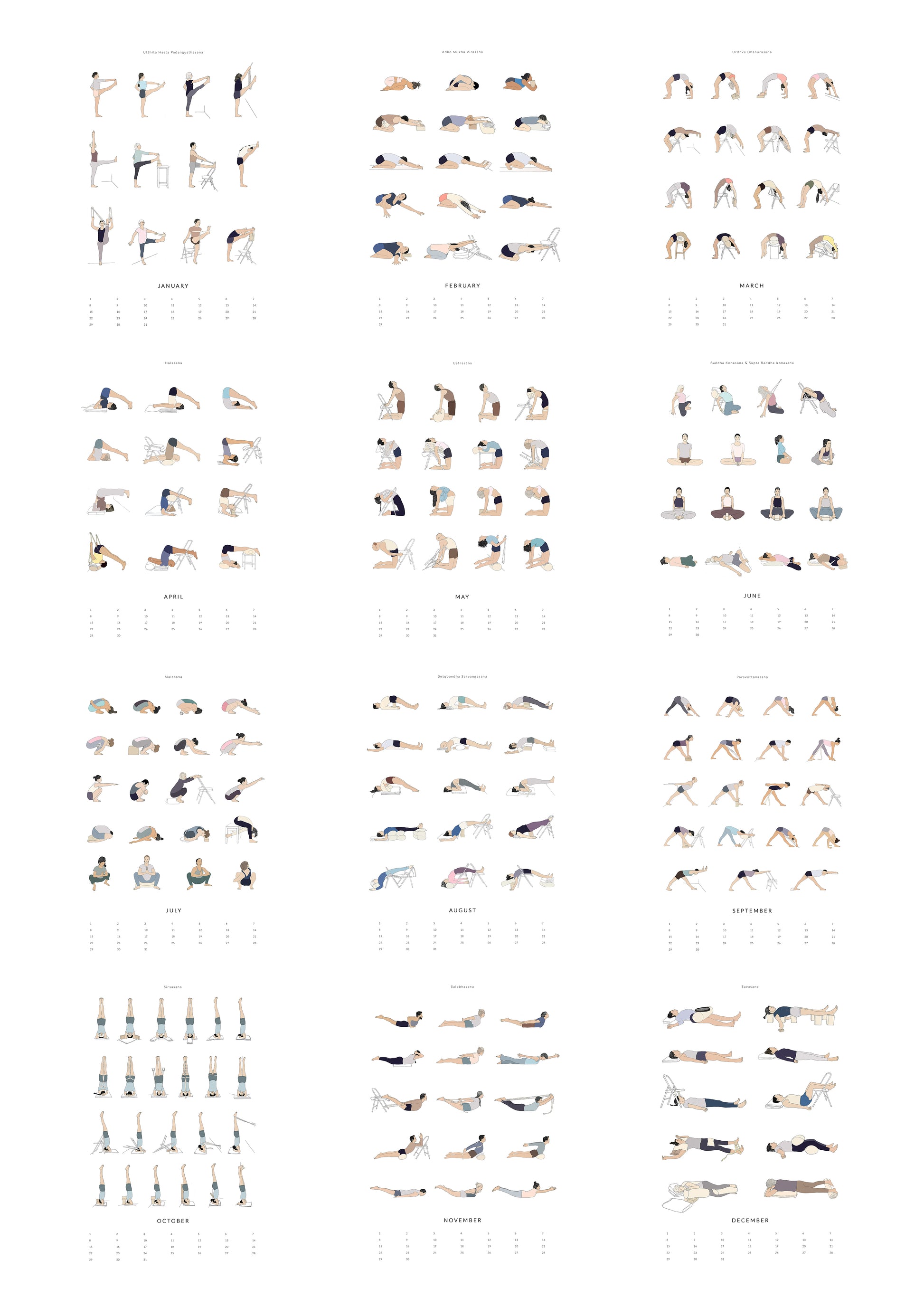 Yoga Calendar overview showing illustrations of various yoga poses.
