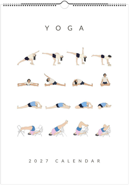 Yoga 2027 calendar with illustrations of various yoga poses on a white background.